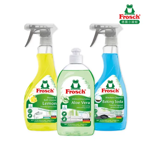 【德國Frosch小綠蛙】中性洗碗精500ml(蘆薈)+浴廁清潔液500ml(檸檬)+廚房重油污清潔500ml(小蘇打)