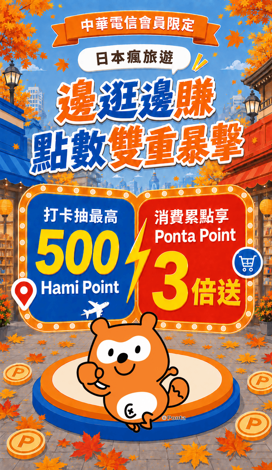 中華電信會員限定，日本瘋旅遊；邊逛邊賺，點數雙重暴擊；打卡抽最高 500 Hami Point，消費累點享 Ponta Point 3 倍送