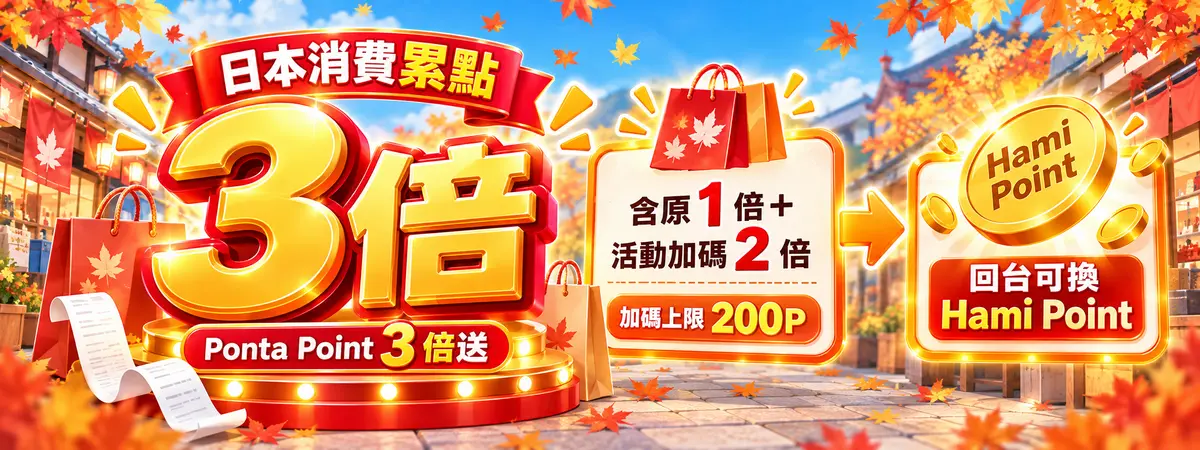 日本消費累點享 Ponta Point 3 倍送，包含原 1 倍及活動加碼 2 倍；每人加碼上限 200P，回台可換 Hami Point