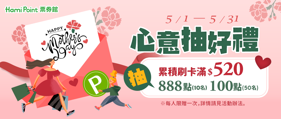 【票券館】心意抽好禮-累積刷卡滿$520，抽888點